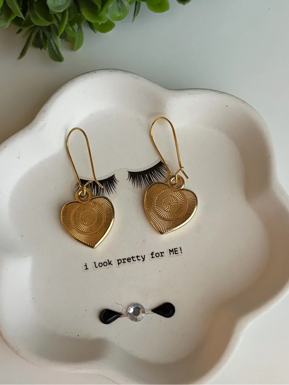 Gold Heart Drop Earrings with Turquoise Enamel